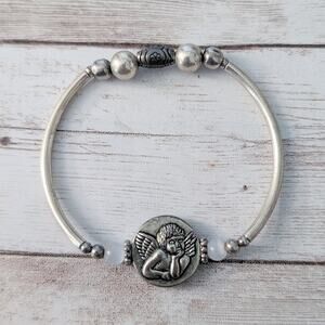 Stretch Bracelet Silver Tone with Cherub Charm
